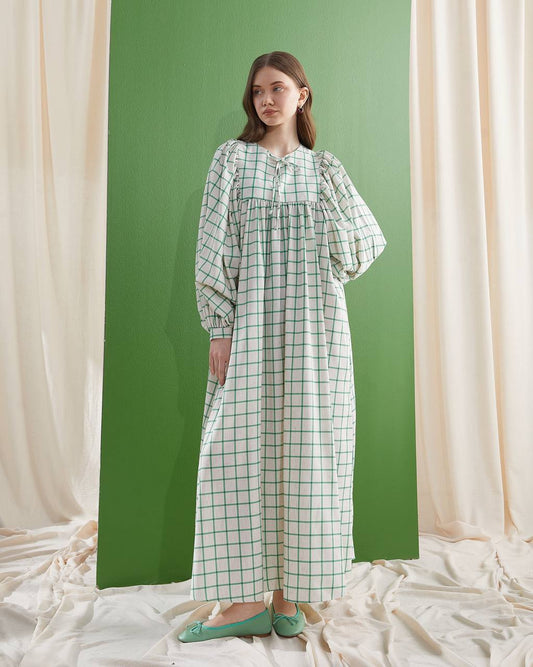 Green Checked Oversized Linen Long Dress