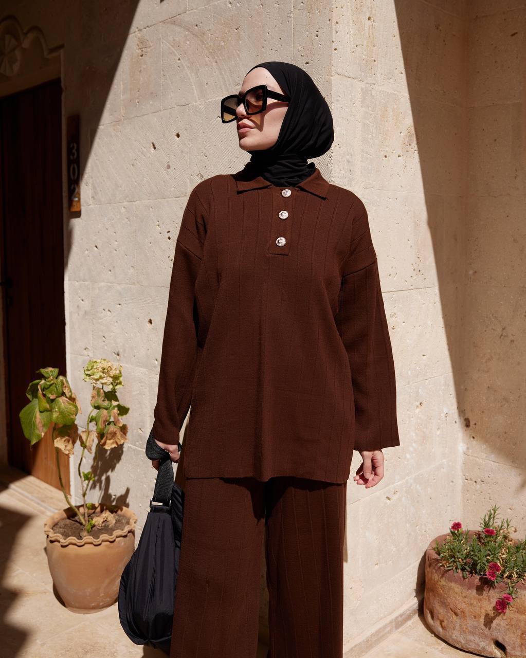 BROWN - KNITTED TOP & TROUSER SET