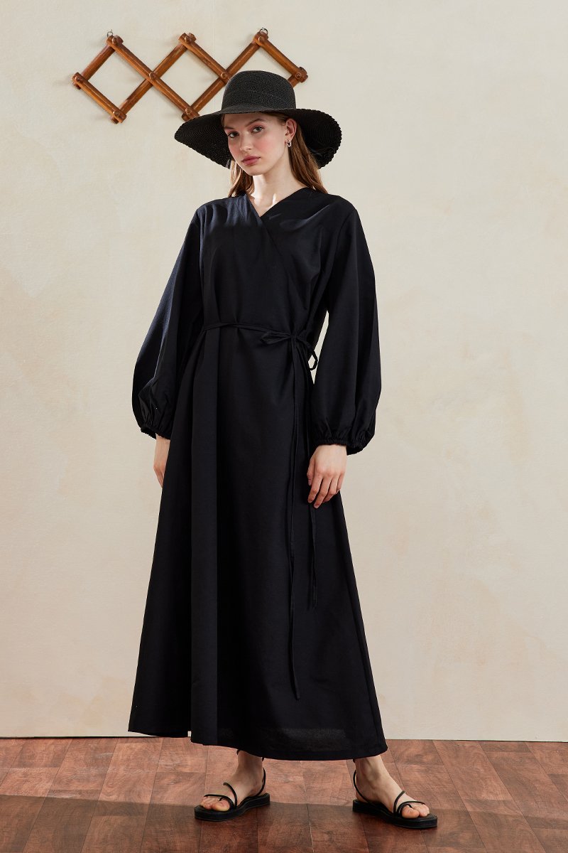 Black Kimono Cotton Dress - Modest Dress