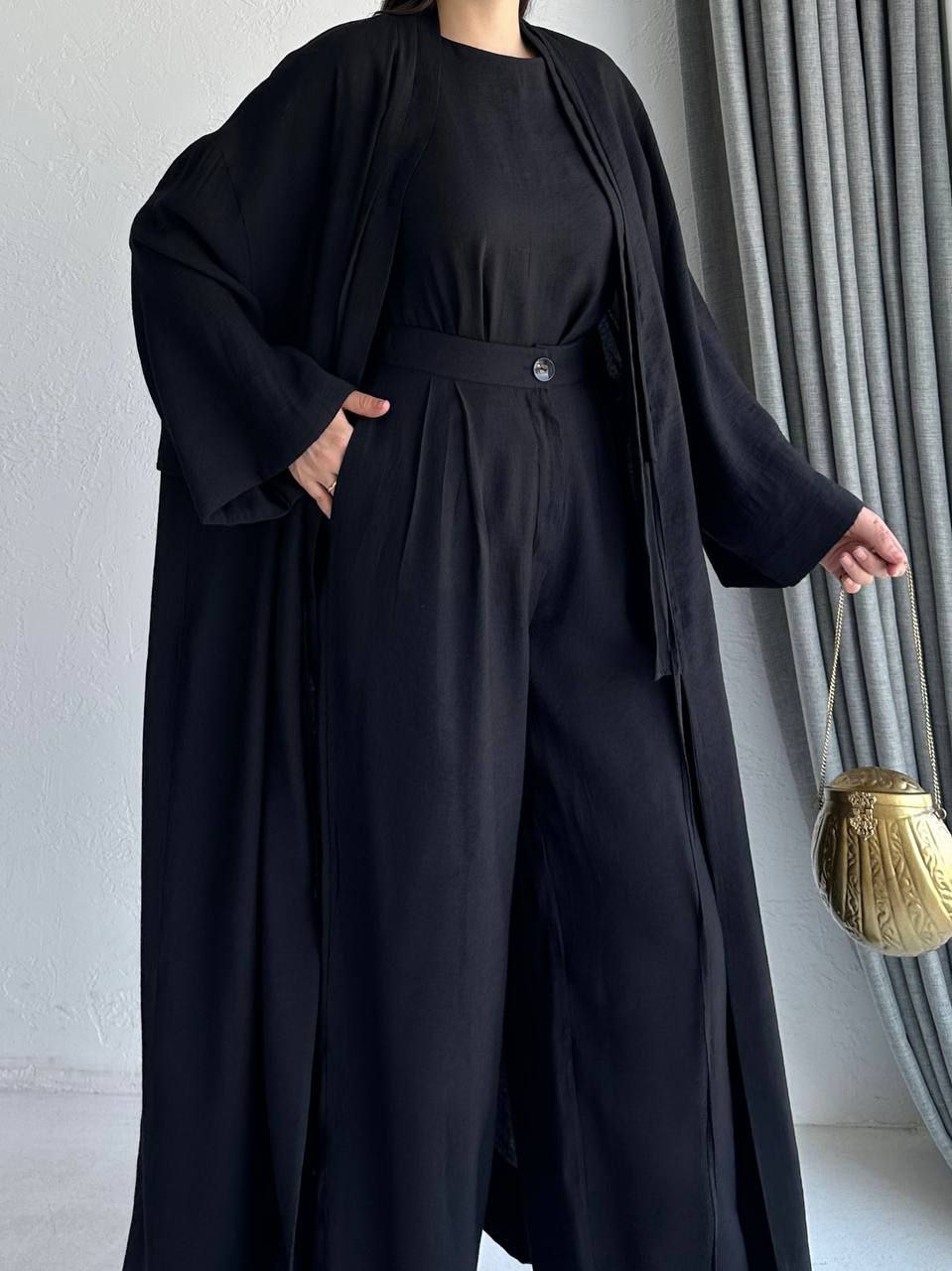3-piece Abaya Set with Trousers - Black