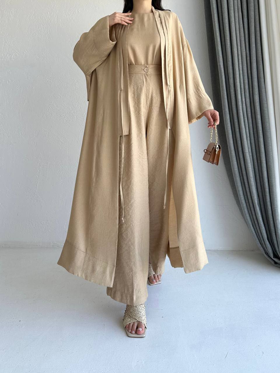3-piece Abaya Set with Trousers - Cream