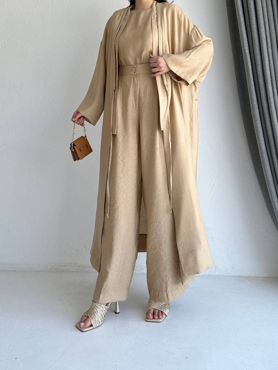 3-piece Abaya Set with Trousers - Cream