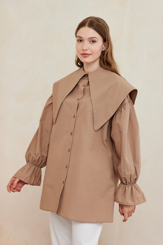 Cotton Shirt With Wide Collar - Camel